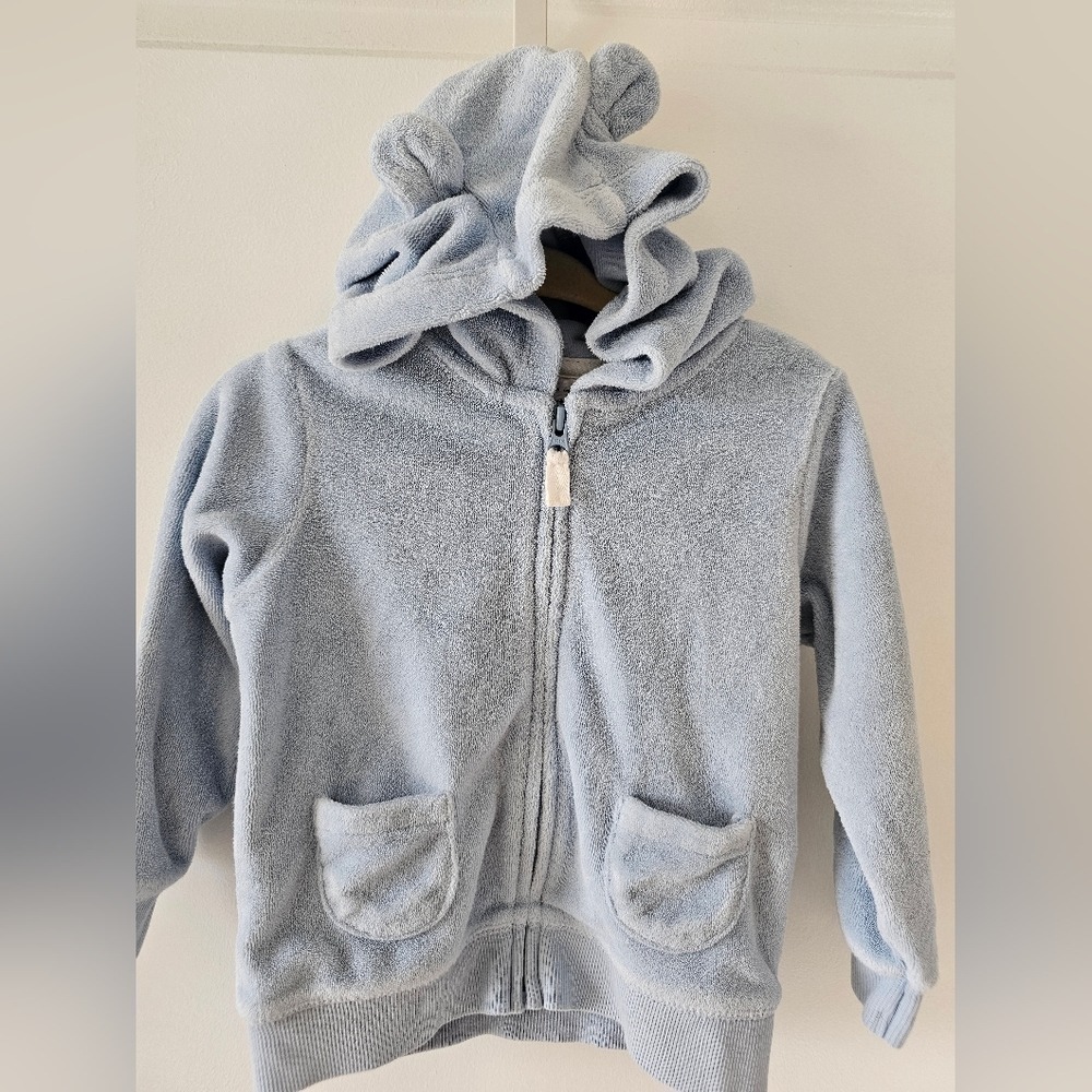 Boy's sz 12M Carters Baby Blue Towel Terry Bear Ears Hooded Zip Up Jacket